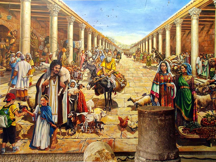 Jeruzsálem, freskó, fal, festmények, római romok, színes, falfestmény