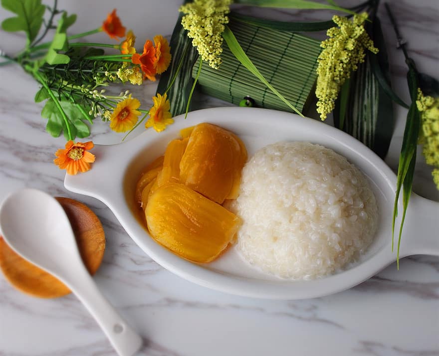lipīgi rīsi, ēdiens, mango, Āzijas