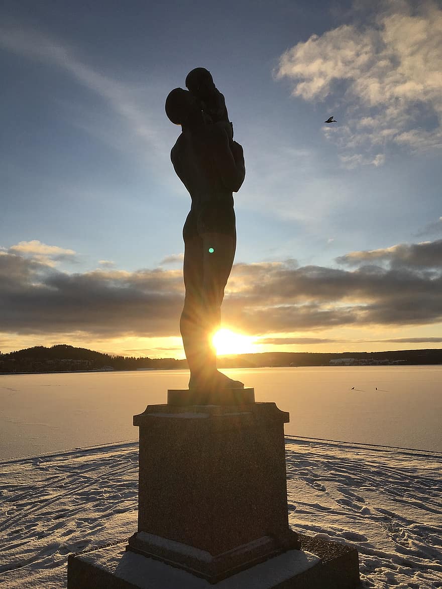 östersund, statuja, saulrieta, ziemā, sniegs, himmel