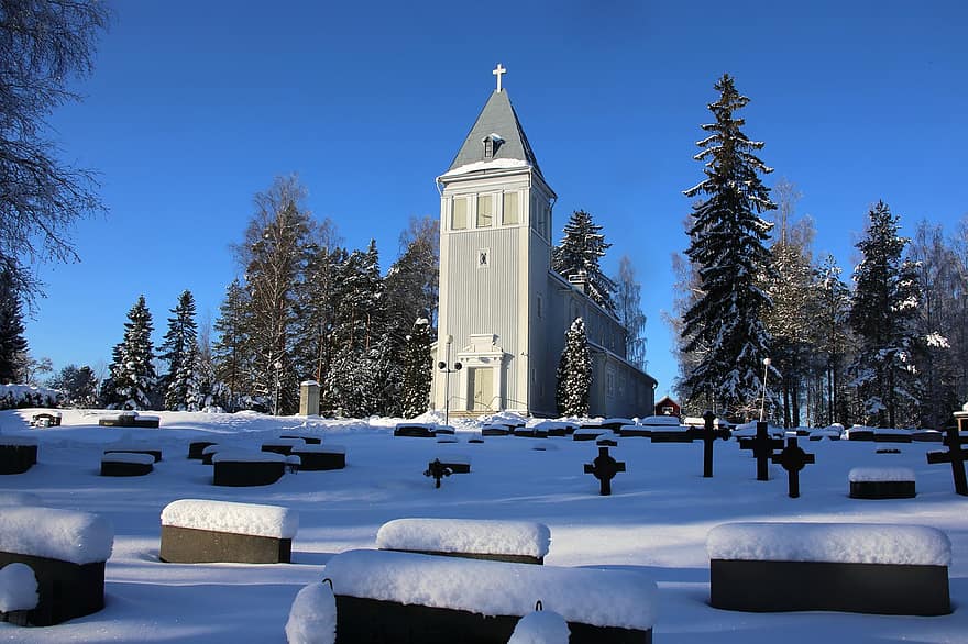 kirke, kirkegården, snø, vinter, kald, frost, bygning, arkitektur, sakral arkitektur, kirkegård, graver
