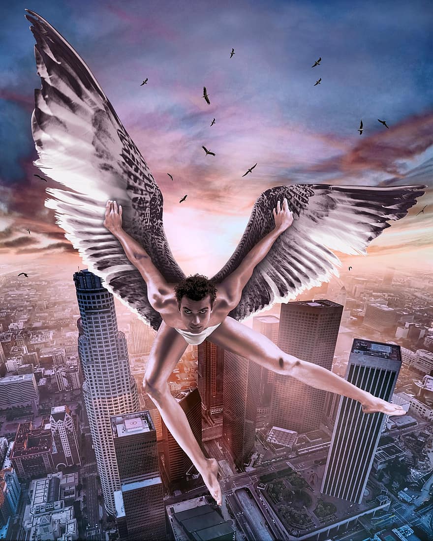 ángel, hombre, ciudad, edificios, fantasía, aves, volador, California, Estados Unidos, adulto, paisaje urbano
