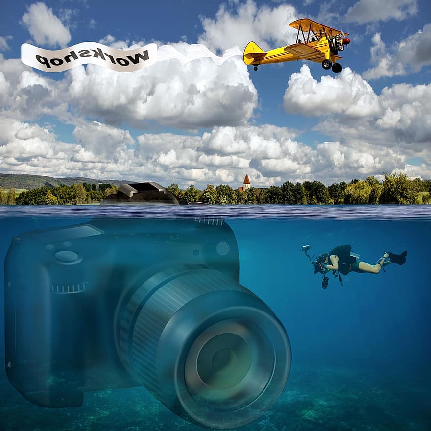 bengkel, kamera, penyelam, foto, di bawah air, menyelam, snorkeling, fotografi bawah air, pesawat terbang, spanduk