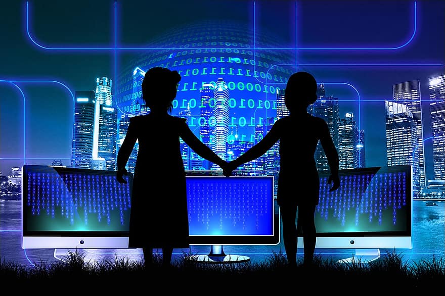 crianças, frente, compreensão, de mãos dadas, sistema, rede, conexão, conectado, um com o outro, juntos, binário