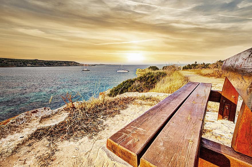 перспектива, пейзаж, море, Кипър, природа, залез, пейка, дървена пейка, океан, вода, лято