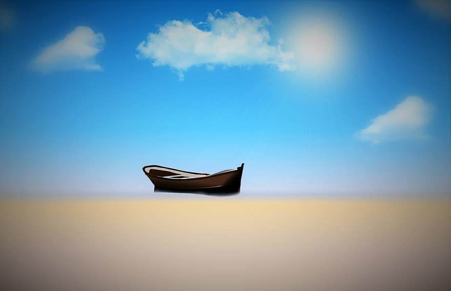 пляж, лодка, небо, солнце