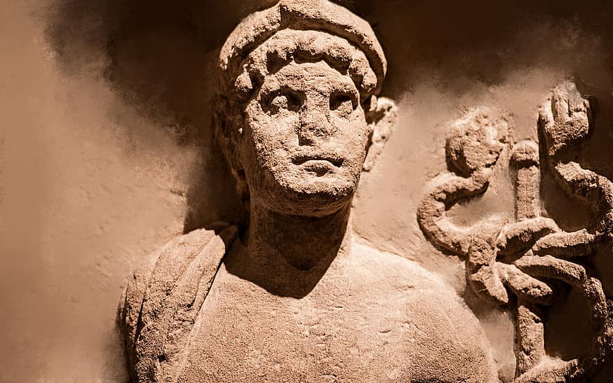 カドゥケウス、像、彫刻、エルメス、建築、古い、文化、歴史、宗教、古い破滅、古代の