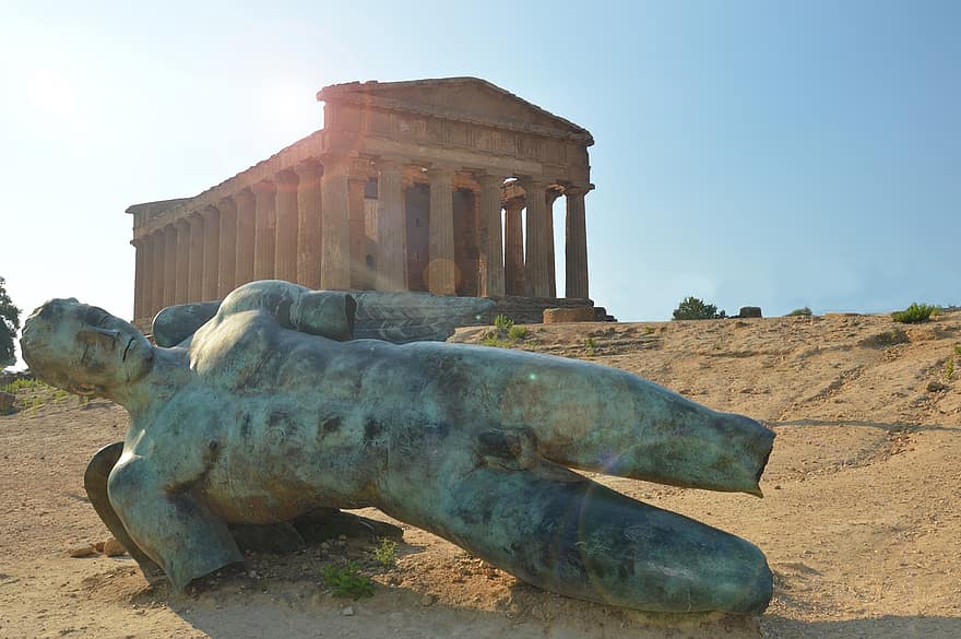 statue, skulptur, mand, icarus, ruiner, kolonner, tempel, arkitektur, arkæologi, Agrigento, sicilien