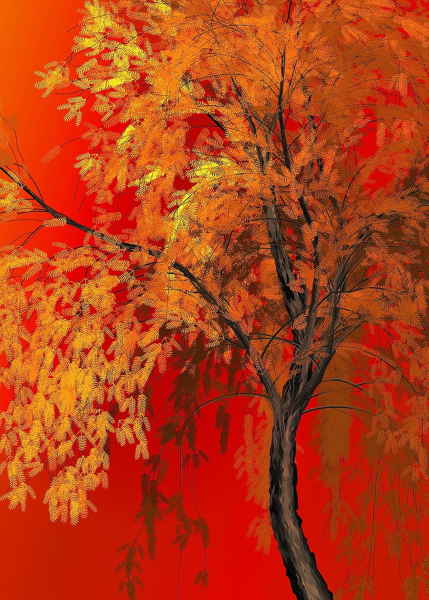 падать, осень, дерево, оранжевый, красный, блестящий, День посадки деревьев, природа, листья, пейзаж, красочный
