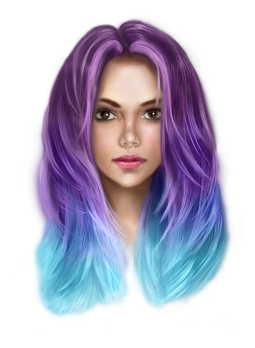 Art, Artwork, Digital, Digital Painting, Digital Art, Girl, Hair, Colors, Purple, Blue, Woman