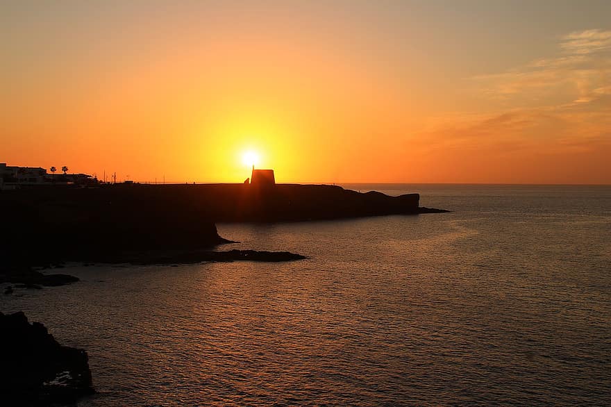 naturaleza, mar, puesta de sol, Oceano, viaje, exploración, al aire libre, lanzarote, torre, torre de vigilancia, Islas Canarias