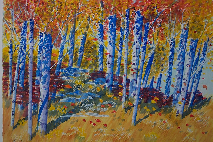 Painting, Aspens, Rocky Mountains, Trees, Fall, Foliage, New Mexico, Landscape, Scenery, Outdoors