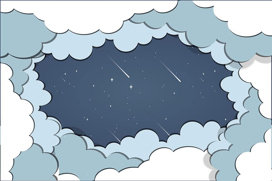 Stars, Clouds, Border, Frame, Night Sky, Falling Stars, Starry Sky, Background, Wallpaper, Template, Scrapbooking