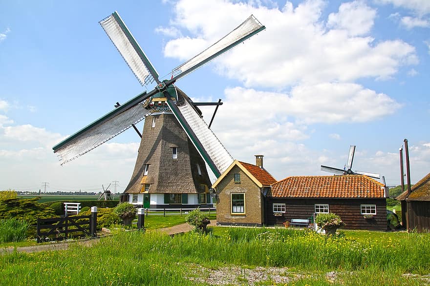 molens, Molenplein, Zeven Huizen, gras, huis, messen, wolken, landelijke scène, farm, windmolen, hout