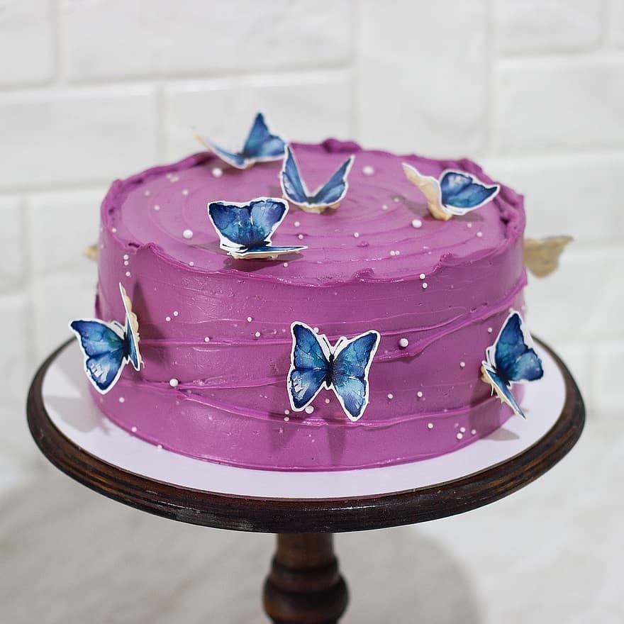 kake, sommerfugler, mat, bakt, kake stativ, bursdagskake, dessert, søt