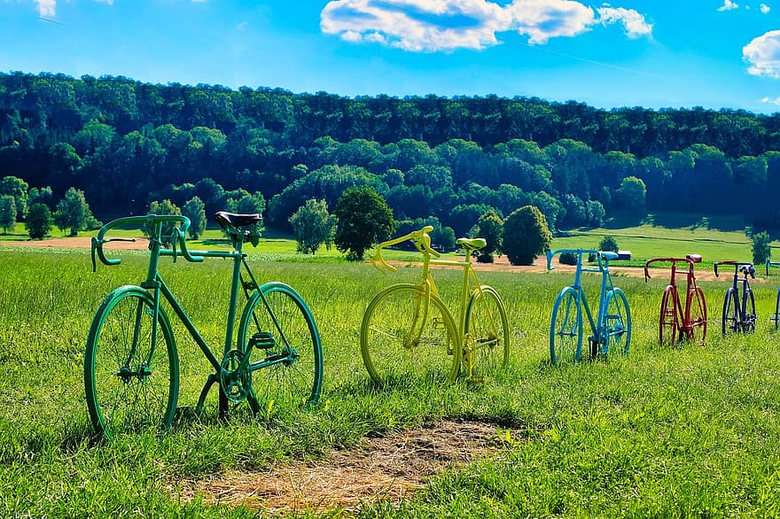 Bicycles, Meadow, Nature, Decoration, grass, summer, landscape, rural scene, sport, bicycle, green color