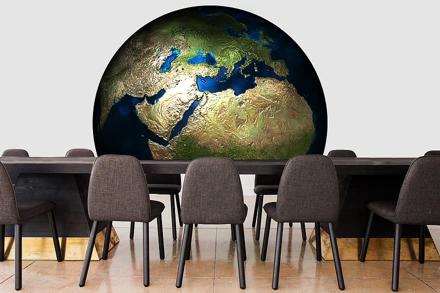 Konferenz, Erde, Welt, Globus, Büro, Esstische, Stühle, Treffen, Arbeit, Gruppe, Zusammenarbeit
