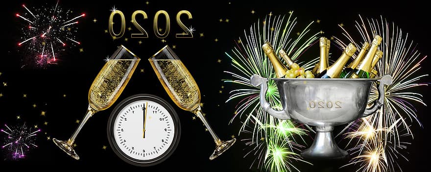 nytårsaften, nytårsdag, 2020, årets afslutning, fejre, festival, drikke, abut, held, champagne, midnat