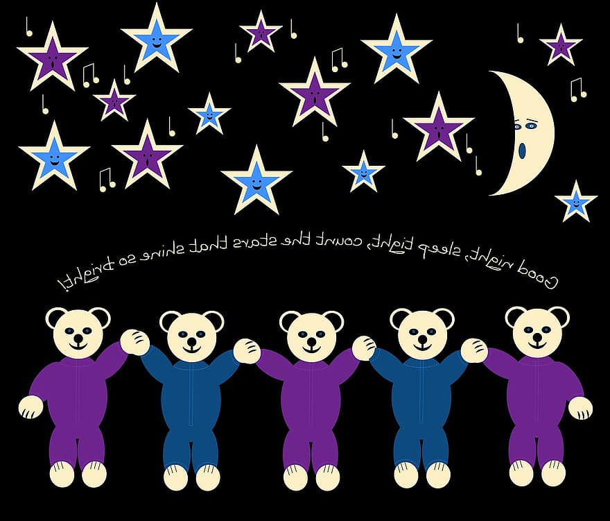 Bjørn, teddy, natt, måne, stjerne, god natt, Sov godt, lilla, blå, svart, hvit
