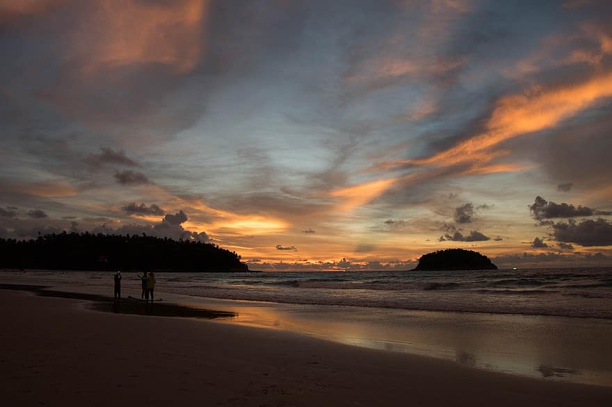 por do sol, natureza, de praia, Kata Beach, phuket, Ásia, tailândia, ilha, crepúsculo, Dom, areia