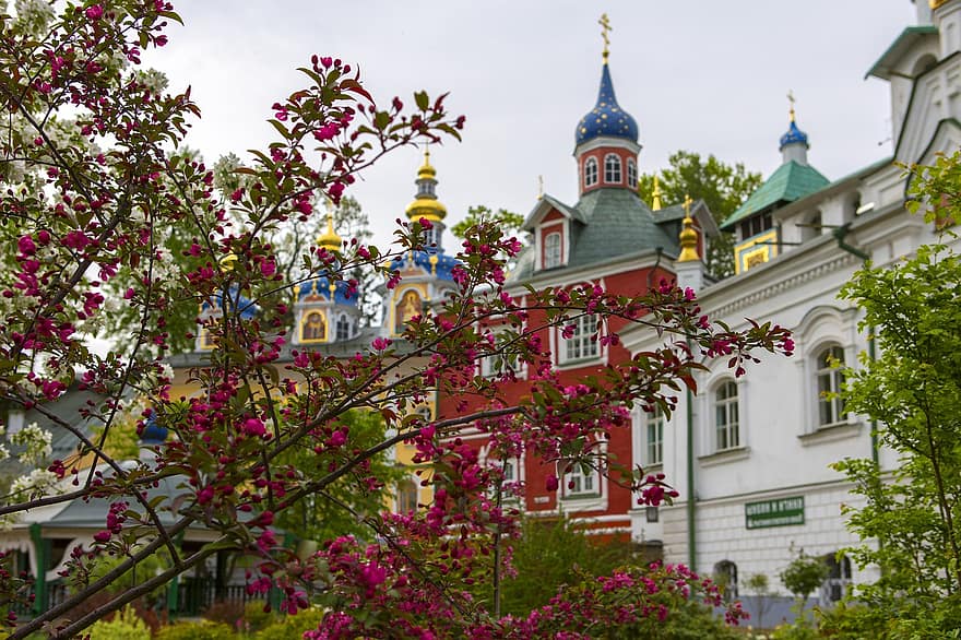monestir, edifici, façana, monestir de pskov-caves, Rússia, pechory, primavera, vell