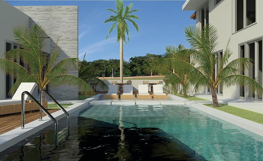 projekt, architektura, bazén, Domů Vhodná pole, zahrada, terénní úpravy, rostlin, dekorace, Domov, relaxace