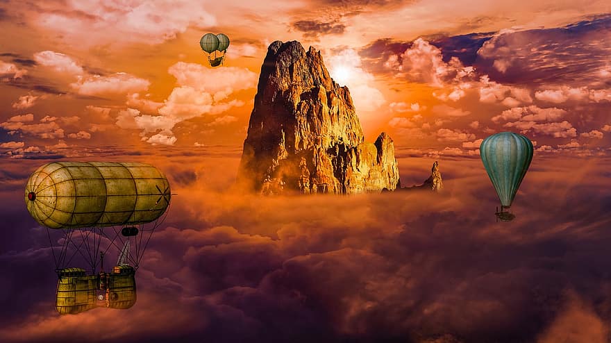 Fantasy, Balloon, Mountain, Peak, Summit, Rock Formation, Clouds, Surreal, Flight, Mystical, Landscape