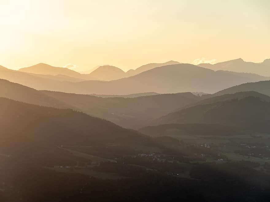 vuoret, laakso, Magdalensberg, Itävalta, kärnten, auringonlasku, auringonvalo, kaupunki, maisema, luonto, näkymä