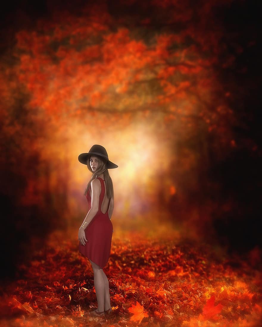 mulher, fantasia, outono, sai, vestido vermelho, folhagem, folhas de outono, folhagem de outono, cores do outono, 3d, renderizar