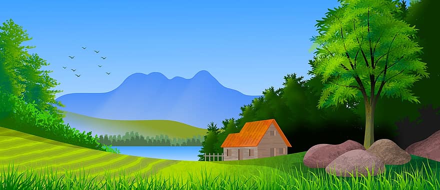 il·lustració, paisatge, naturalesa, bosc, aigua, llac, rio, arbres, muntanya, cel, blau