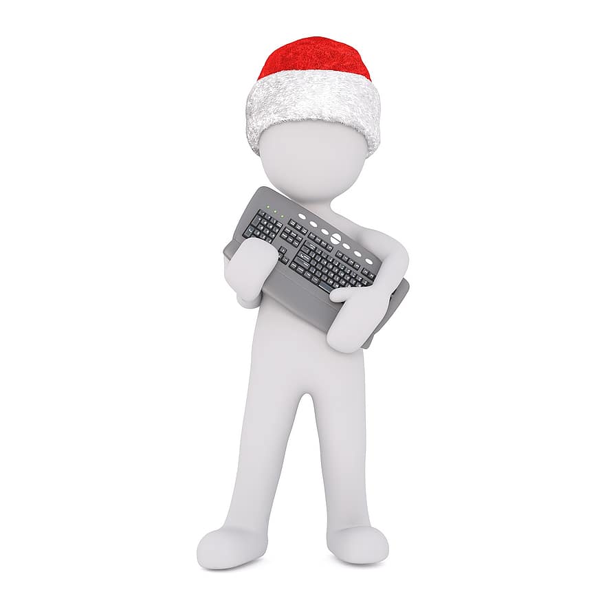 beyaz erkek, 3 boyutlu model, tüm vücut, 3d santa şapka, Noel, Noel Baba şapkası, 3 boyutlu, beyaz, yalıtılmış, tuş takımı, anahtarlar