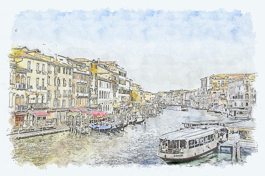 Venezia, Italia, architettura, canale, edifici, monumento, città, case, strada, Barche, cielo