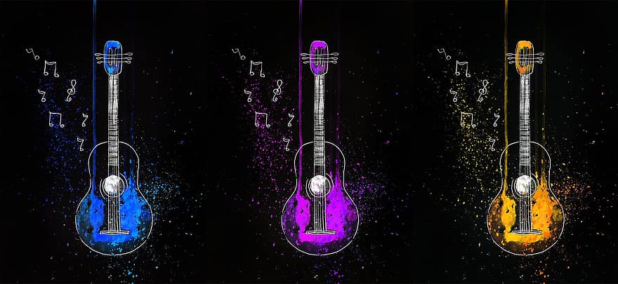 Guitar, Music, Watercolor, Tool, Notes, Melody, Stringed Instrument, Musical Instrument, Neon, Art, Sketch