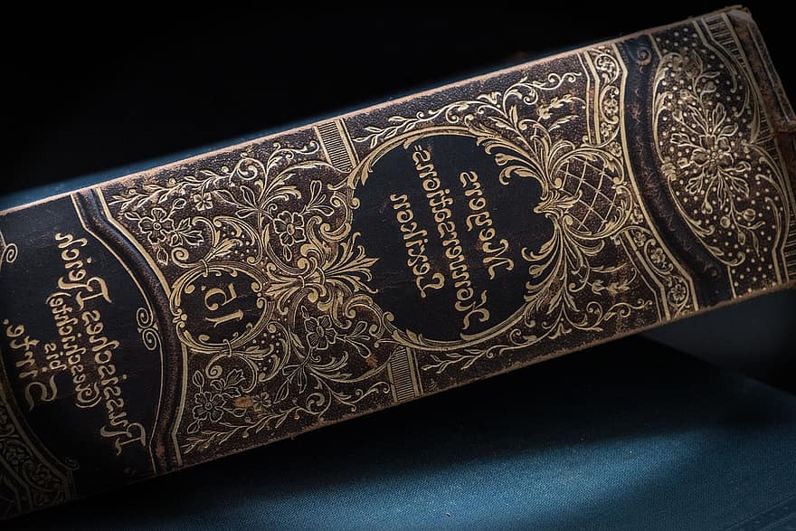 Un libro, antigüedad, Impresión de oro, ornamento, Meyers Konversationslexikon, enciclopedia, alemán, tipografía, fuente