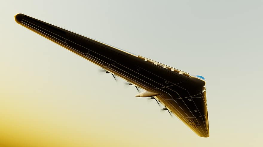 Northrop Xb-35, repülő szárny, stratégiai bombázó, szállítás, napnyugta, háttérrel, repülőgép, kék, ábra, légi jármű, szürkület