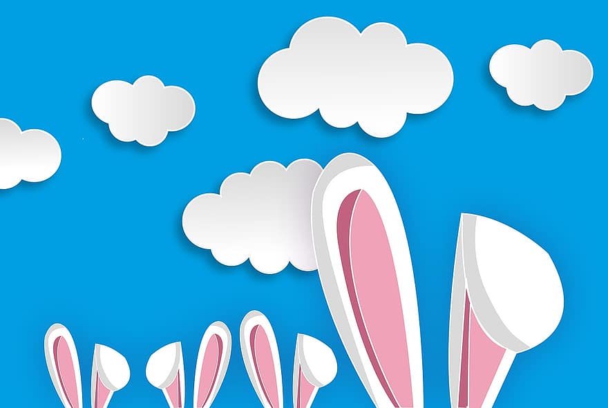 orelles de conill, llebre, cel, núvols, Pasqua, divertit, diversió, colorit, bonic, decoració, primavera