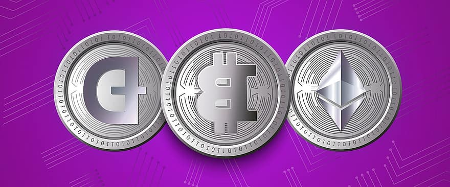 Bitcoin, Ethereum, dogecoin, jelképes, crypto, valuta, érme, pénz, tényleges, technológia, digitális