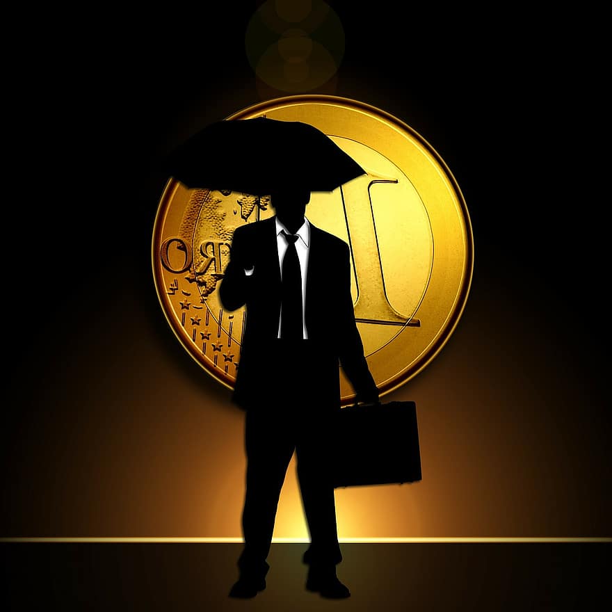Euro, monete, uomo, silhouette, ombrello, stare sotto la pioggia, i soldi, moneta, segno dell'euro, banconota da un dollaro, fatture