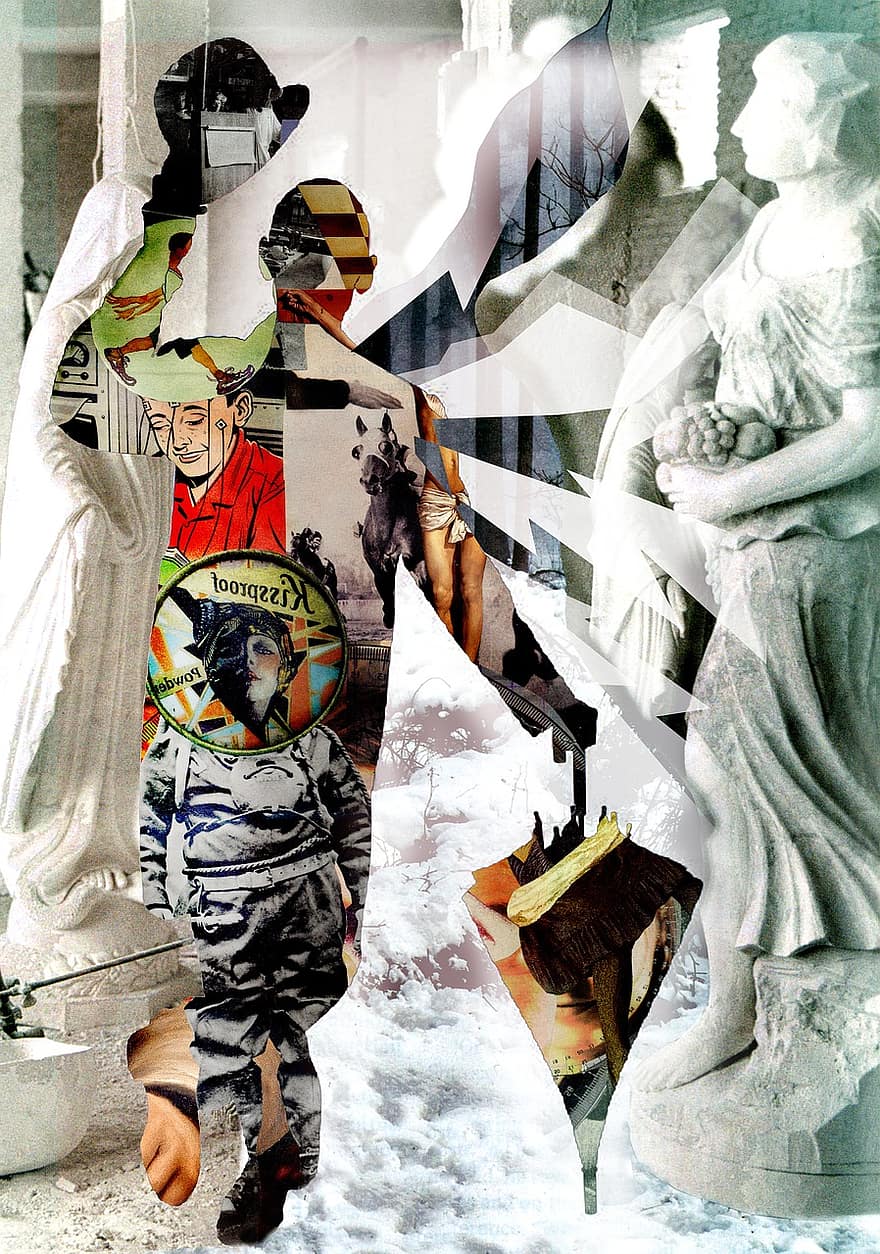 śnieg, brolly, statua, kolaż, salut, surrealistyczny, surrealizm, ochrona, pogoda, pora roku, parasol