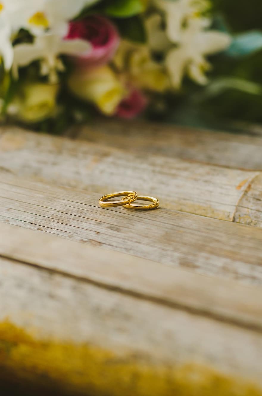 кольца, брак, союз, привязанность, любить, золото, свадьба, дерево, романс, крупный план, желтый