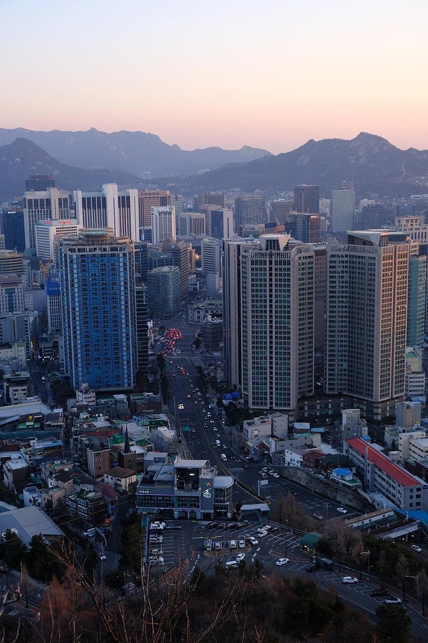 ciutat, viatjar, turisme, edificis, arquitectura, cel, muntanya, centre de la ciutat, carretera, República de Corea, Corea