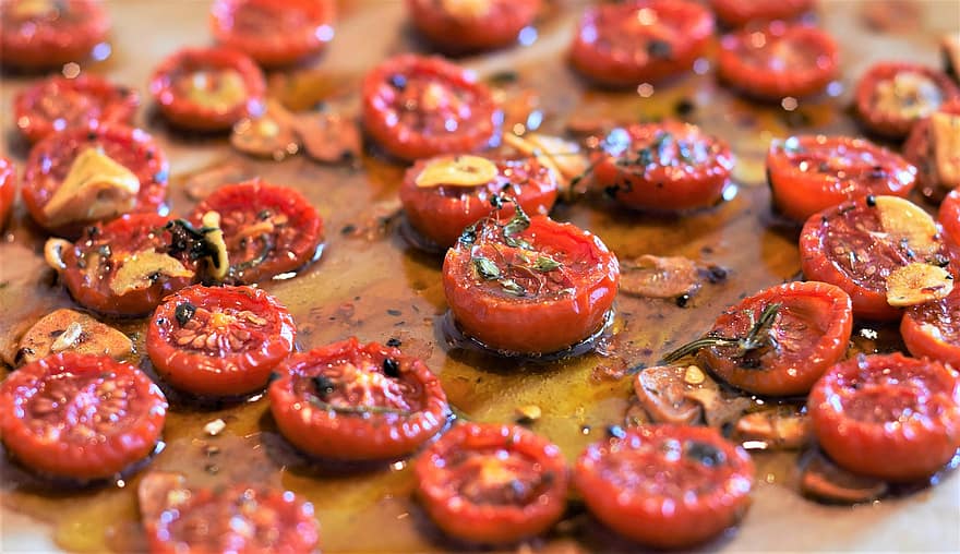 tomater, olie, urter, laver mad, tør, ovn, olivenolie, sund og rask, grill, mad, grøntsager