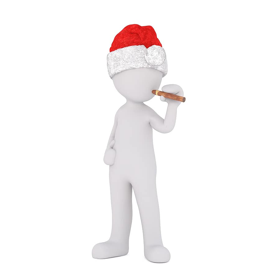 weißer Mann, 3D-Modell, isoliert, 3d, Modell-, Ganzkörper, Weiß, Weihnachtsmütze, Weihnachten, 3d weihnachtsmütze, Zigarre