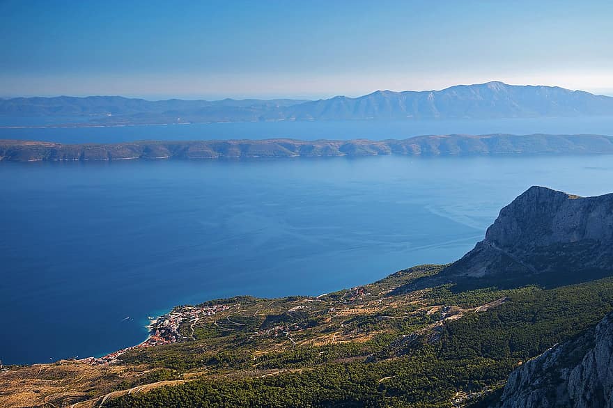 mar, rochas, montanhas, Croácia, costa, biokovo, montanha, penhasco, panorama, azul, agua
