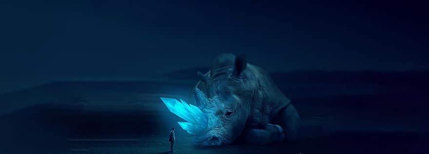 носорог, человек, фантастика, волшебный, мистический, темно, ночь, вечер, млекопитающее, животное, живая природа