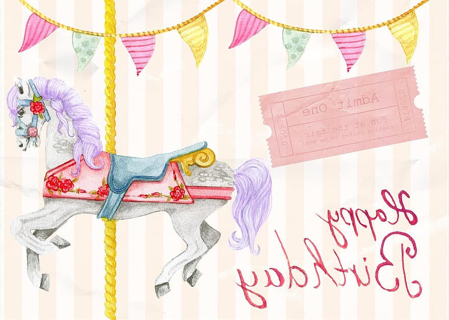 щастлив, рожден ден, карта, поздрав, въртележка, кон, розов, птица, момиче, празненство, събитие