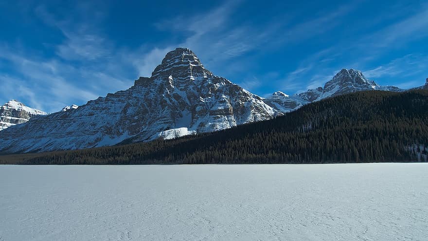 fjellene, snø, soloppgang, vinter, morgen, landskap, fjellkjede, landsbygda, is felt, Alberta, Canada