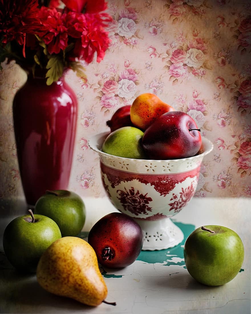 masih hidup, buah-buahan, buah, merah tua, bunga-bunga, alam, Desain, keanggunan, mangkuk buah