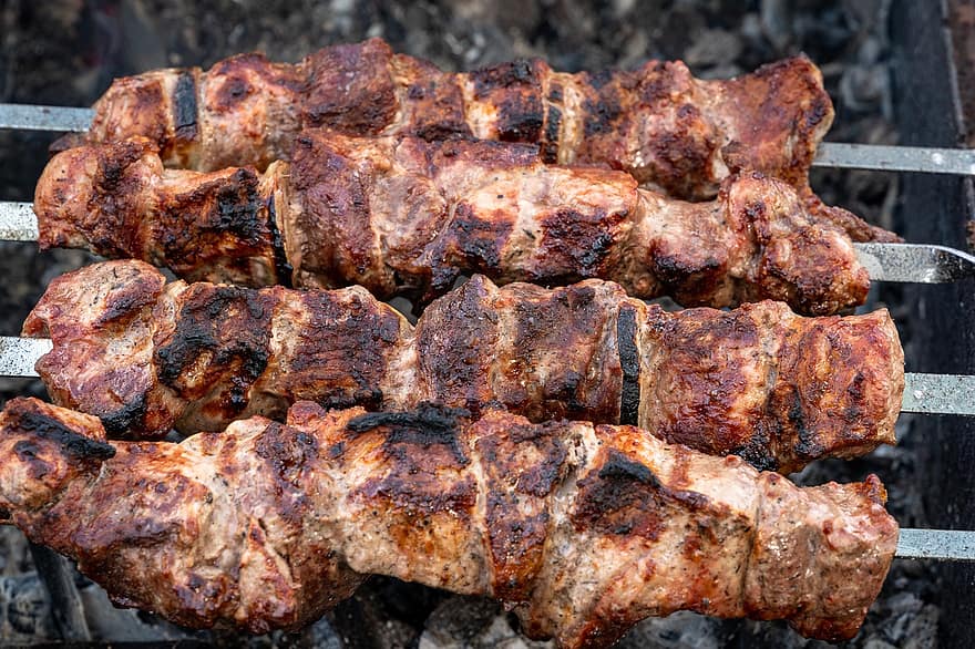 Shish kebab, carne, Mangal, spiedini, nutrizione, frittura, carboni, picnic, griglia, spiedini di carne, carne grigliata