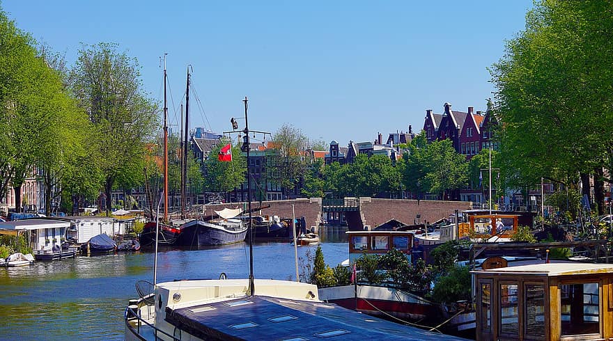 Амстердам, канал, воды, лодки, речные лодки, мост, город, известный, достопримечательности