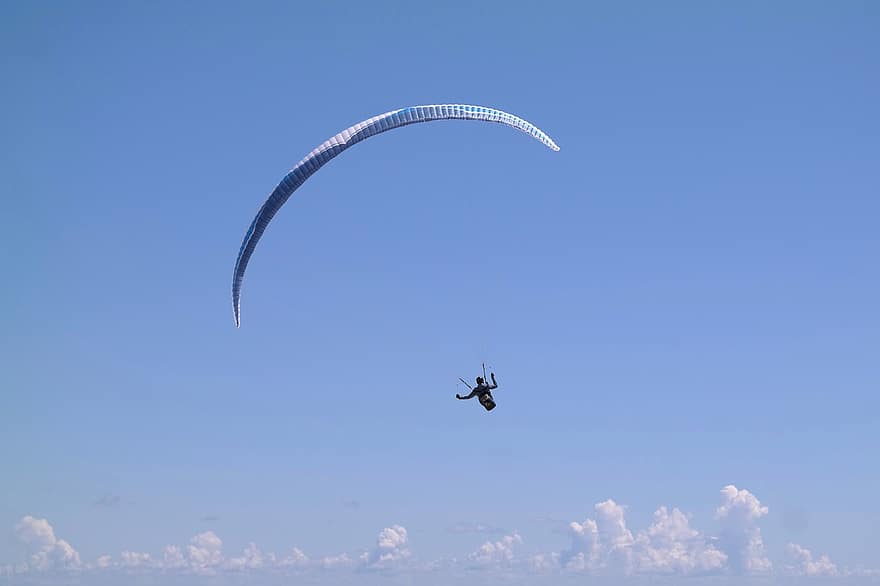 paragliding, skjerm, flying, glid, landskap, himmel, blå, ferier, sommer, skyer, fritid